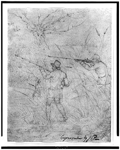 Two men in the woods aiming rifles during hunt LCCN91480169. Free illustration for personal and commercial use.