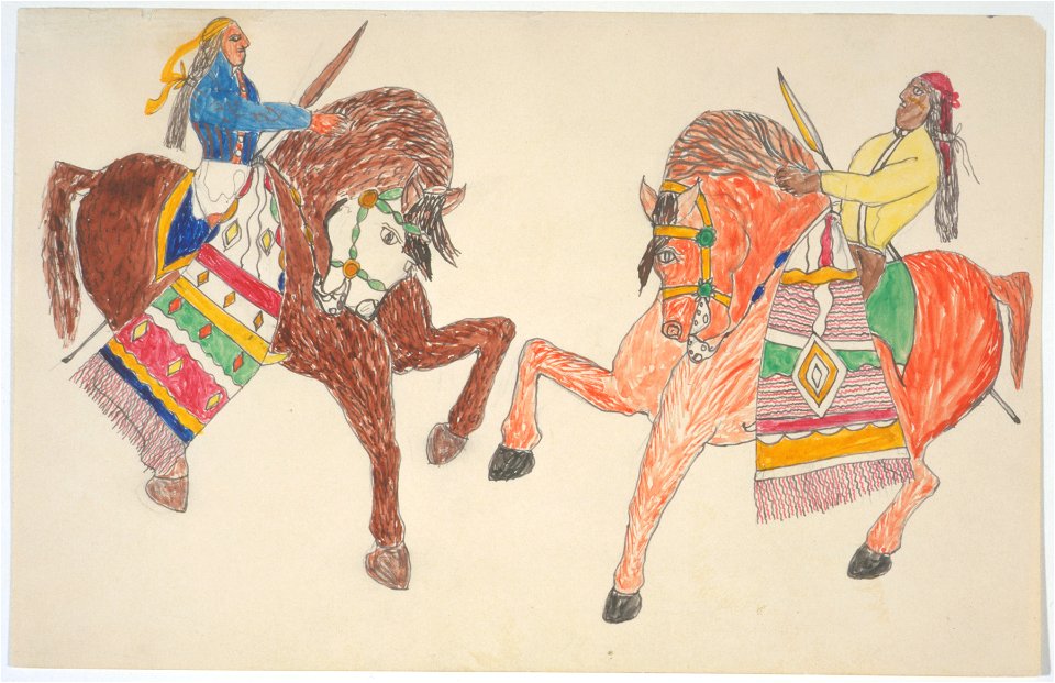 Two men on horses with spears and blankets (Gokliz sketch)
