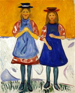 Two Little Girls with Blue Aprons. Free illustration for personal and commercial use.