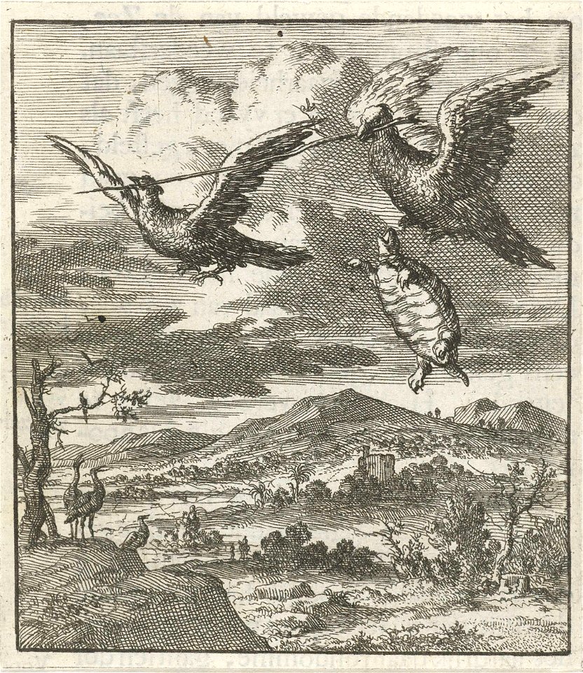 Twee vogels dragen samen al vliegend een stok waar een schildpad zich aan vasthield