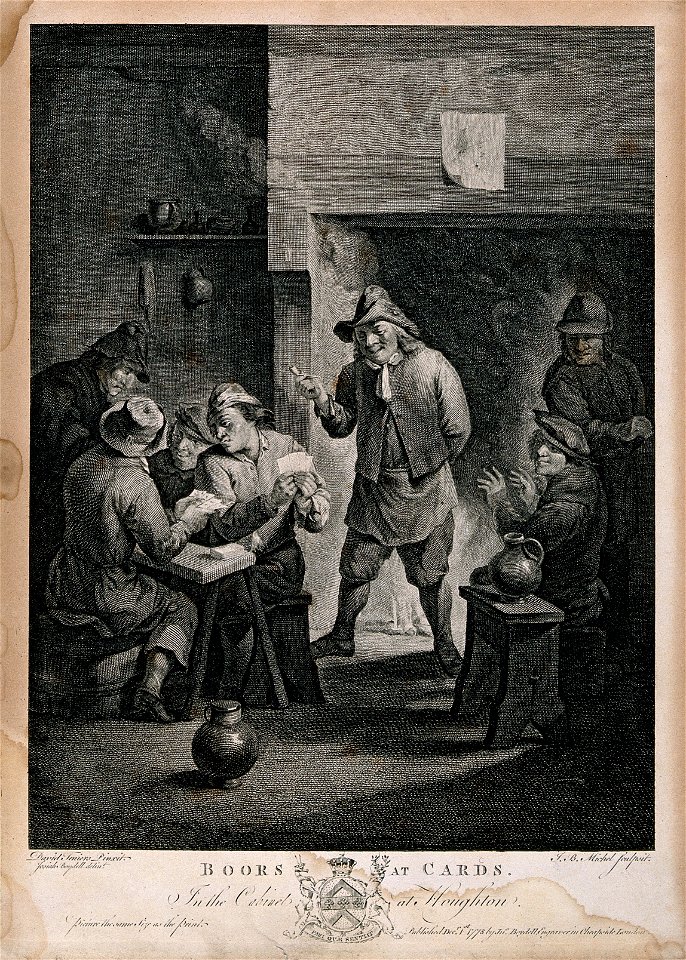 Two men play cards at a table as others watch and smoke by t Wellcome V0019049