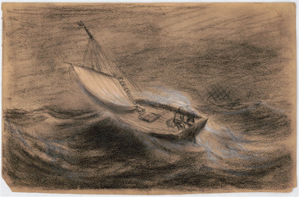 Two men in a small sailboat on rough seas LCCN2016645717