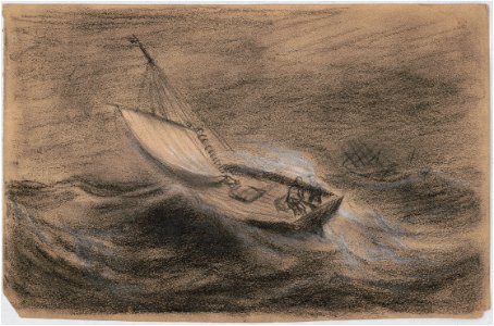 Two men in a small sailboat on rough seas LCCN2016645717