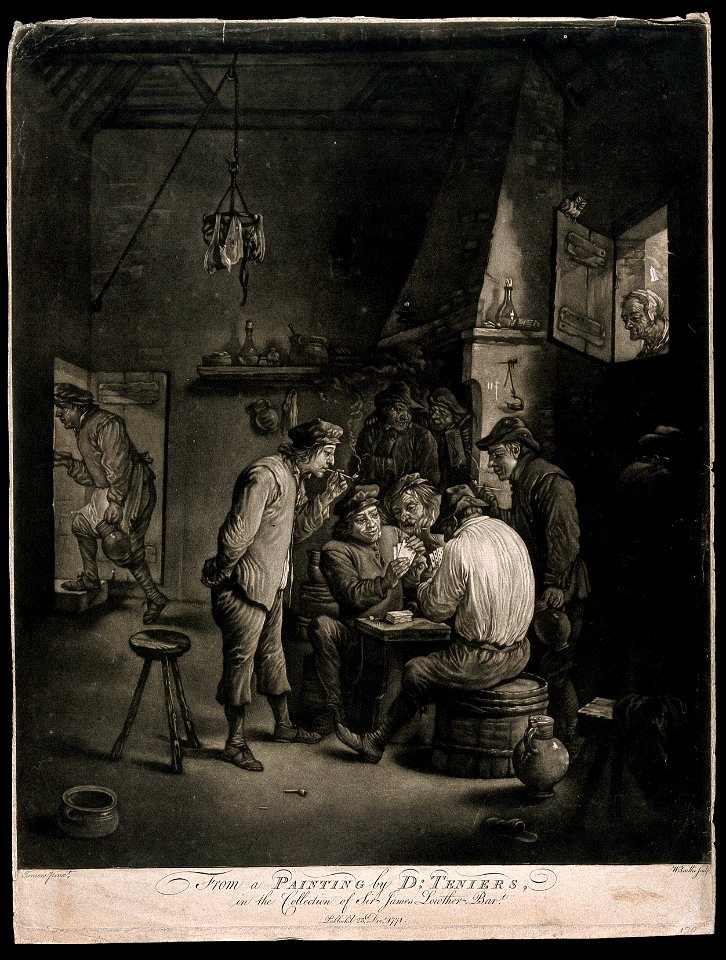 Two men play cards at a table as others watch, smoke and dri Wellcome V0019048