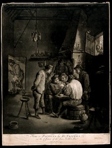 Two men play cards at a table as others watch, smoke and dri Wellcome V0019048