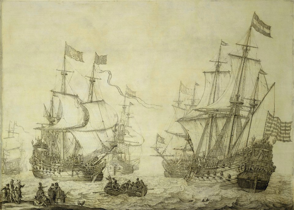 Two Dutch Merchant Ships Under Sail Near the Shore in a Moderate Breeze RMG BHC0860