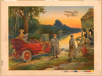 Two women in automobile, with two men standing alongside, another automobile across river, biplane above, and ruins of water mill on right) - H.C. Ireland LCCN93511459