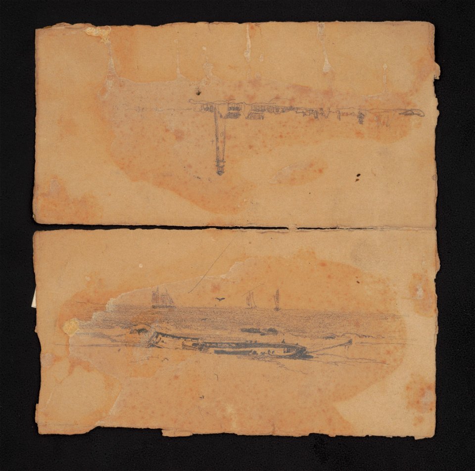 Two views, one of a shipwrecked vessel on the shore, the other of a lighthouse and outbuildings seen from a distance LCCN2016645618, James Fuller Queen, 1840
