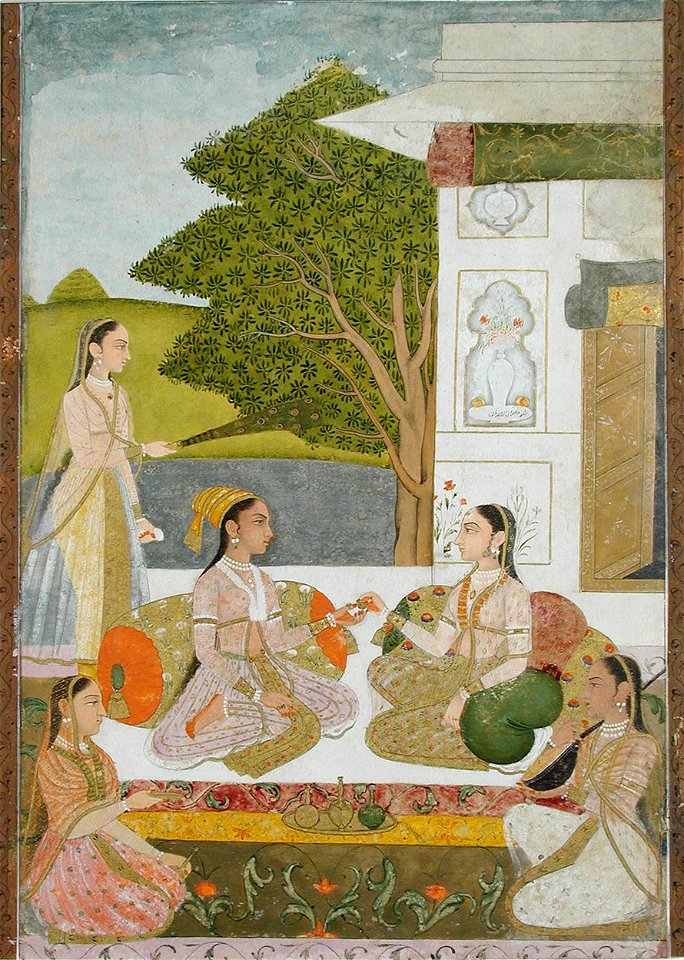 Two women and musicians seated outside a pavilion (6124545493)