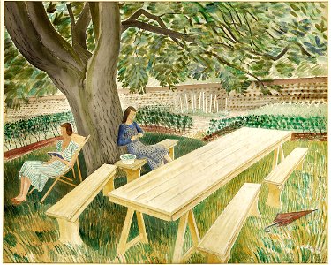 Two Women in a Garden (Ravilious). Free illustration for personal and commercial use.