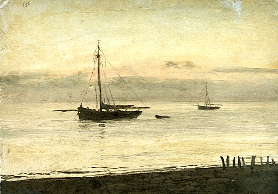 Two sailing ships at anchor in calm water RMG PU0450