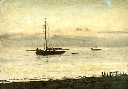 Two sailing ships at anchor in calm water RMG PU0450