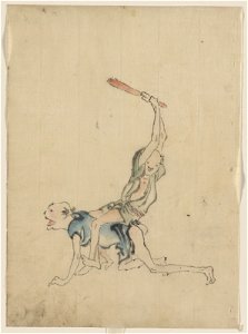 Two men, one on his hands and knees crawling, the other is sitting on the first man's back, facing forward, holding a paddle over his head, about to strike the man on his exposed buttocks LCCN2009631936