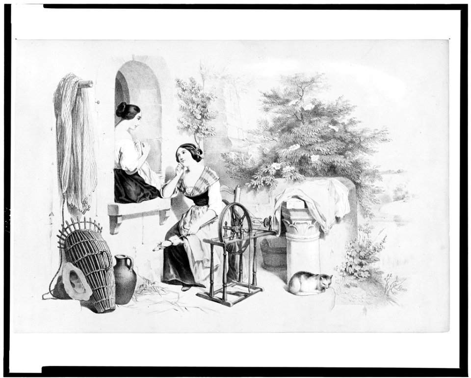 Two women conversing, one seated on window sill stitching cloth, the other seated by spinning wheel with a distaff in one hand LCCN93511179