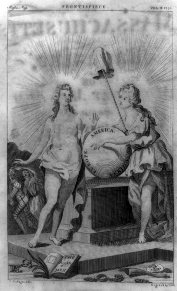 Two women standing on platform next to shield marked America, Europe, Africa, and Asia, with chains, keys and book opened to page titled The Rights of Men at base of platform) - C. LCCN89711254