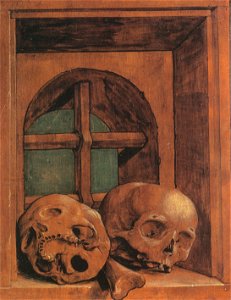 Two Skulls in a Window Niche, by Hans or Ambrosius Holbein. Free illustration for personal and commercial use.