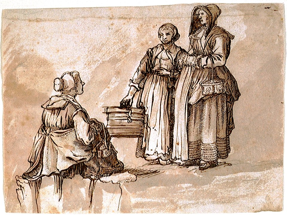 Two women standing and another seated RMG PV5206