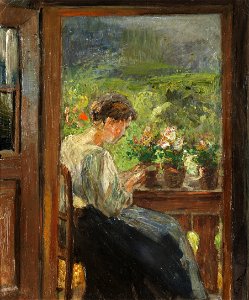 Fritz von Uhde - Lesende Frau auf Balkon. Free illustration for personal and commercial use.