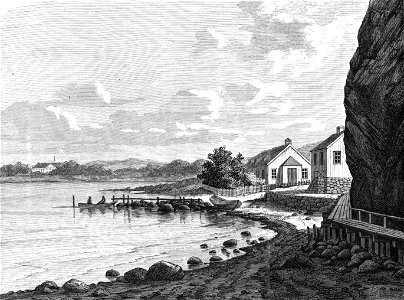 Udsigt over Tønsbergsfjord til Jarlsberg, seet fra stranden under Slotsbjerget