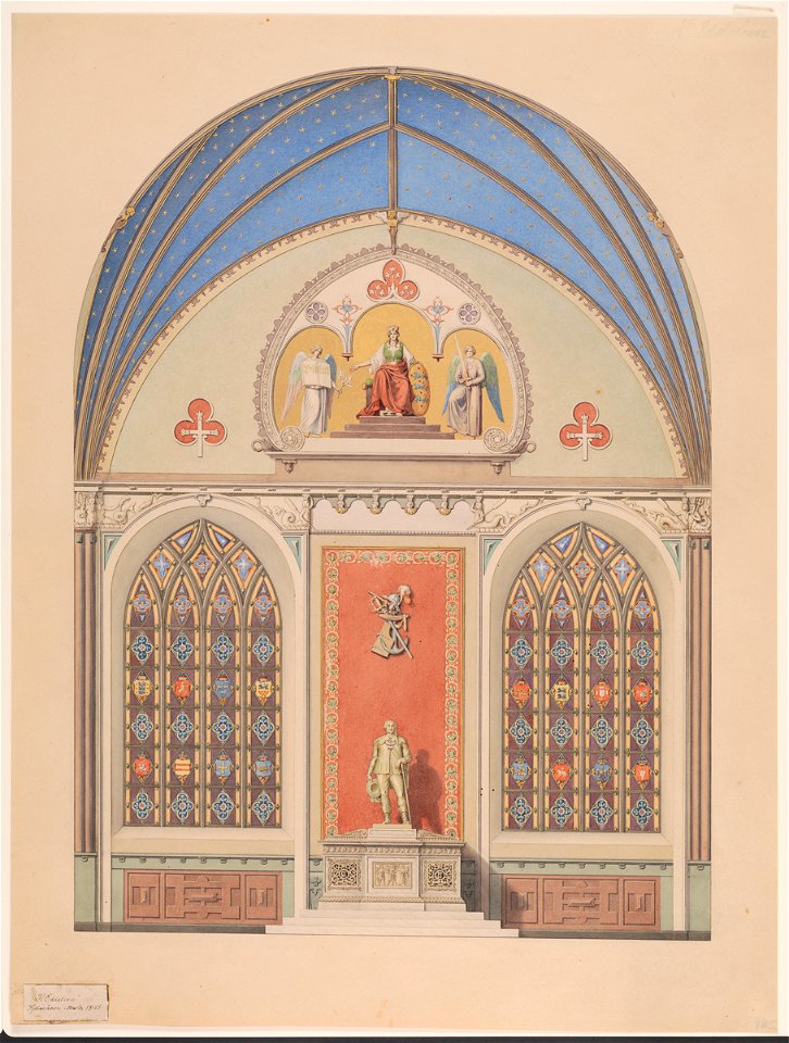 Udkast til hvælvingens dekoration i Christian IV's kapel i Roskilde Domkirke. Udsmykning i midten med statue af Christian IV