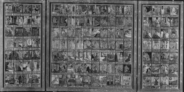 Ulmer Meister um 1500 - Triptychon mit Franziskuslegende (126 Szenen) Flügelaußenseiten, Hll. Franziskus und Klara - 7413 - Bavarian State Painting Collections
