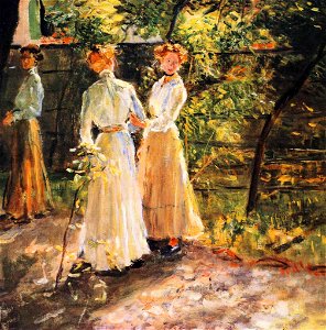 Fritz von Uhde - Die drei Töchter des Künstlers im Garten (ca.1900). Free illustration for personal and commercial use.