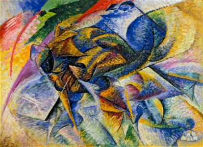 Umberto Boccioni, 1913, Dynamism of a Cyclist (Dinamismo di un ciclista), oil on canvas, 70 x 95 cm, Gianni Mattioli Collection, on long-term loan to the Peggy Guggenheim Collection, Venice. Free illustration for personal and commercial use.