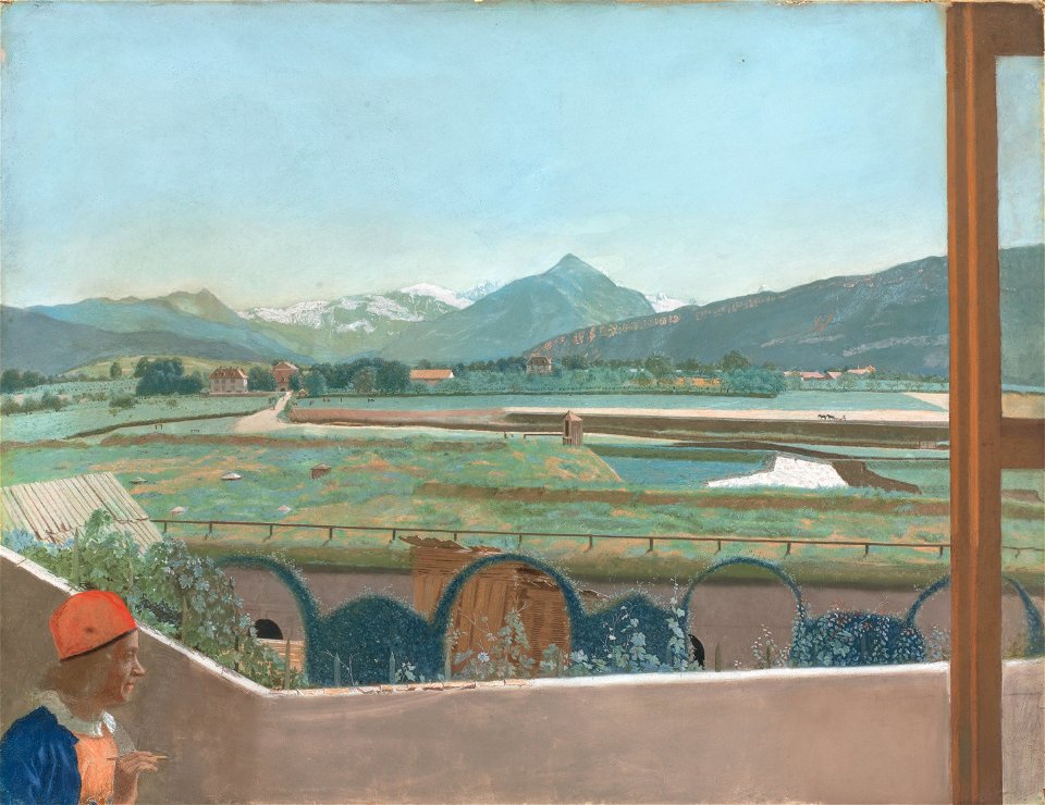Uitzicht op het Mont Blanc-massief vanuit het atelier van de kunstenaar te Genève, met zelfportret Rijksmuseum SK-A-1197