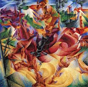 Umberto Boccioni, 1912, Elasticity (Elasticità), oil on canvas, 100 x 100 cm, Museo del Novecento. Free illustration for personal and commercial use.