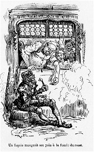 Un faquin mangeait son pain à la fumée du rouet - Tiers Livre de Rabelais illustré par Albert Robida, chap. XXXVII