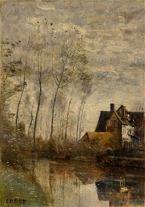 UN COIN DE RIVIÈRE AVEC MAISONS ET PEUPLIERS
