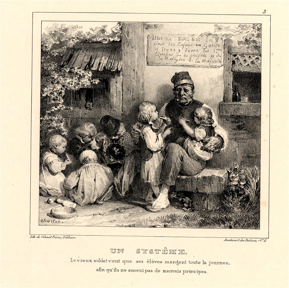 Un systême; le vieux soldat veut que ses élèves mangeant toute la journee, afin qu'ils ne sucent pas des mauvais pricipes (BM 1855,0414.129)