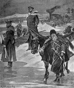 Un ferrocarril de campaña ruso cruzando un río helado, de Caton Woodville. Free illustration for personal and commercial use.