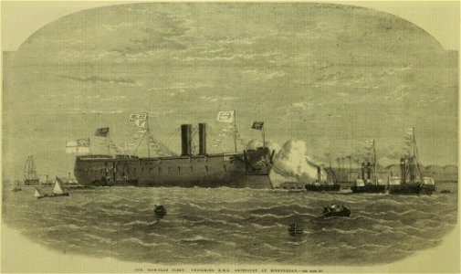 Undocking HMS Agincourt at Birkenhead - ILN 1865