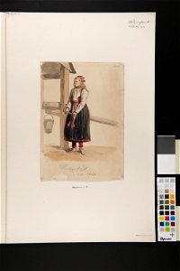 Ung kvinna i vardagsdräkt vid en brunn, Delsbo, 1840. Akvarell av J.W. Wallander - Nordiska museet - NMA.0070069 (2)