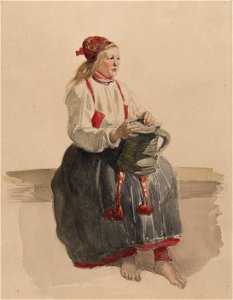 Ung kvinna i dräkt sittande i helfigur Akvarell av J.W. Wallander - Nordiska museet - NMA.0070070 (1). Free illustration for personal and commercial use.