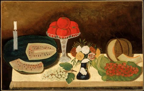 Unidentified artist, American, mid-19th century - Tomatoes, Fruit, and Flowers - 47.1265 - Museum of Fine Arts. Free illustration for personal and commercial use.