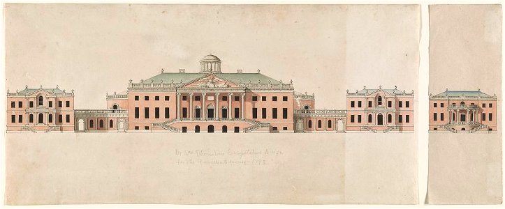 United States Capitol. Tortola scheme. Competition rendering of façade. Elevation with central pediment and lantern LCCN2010649582