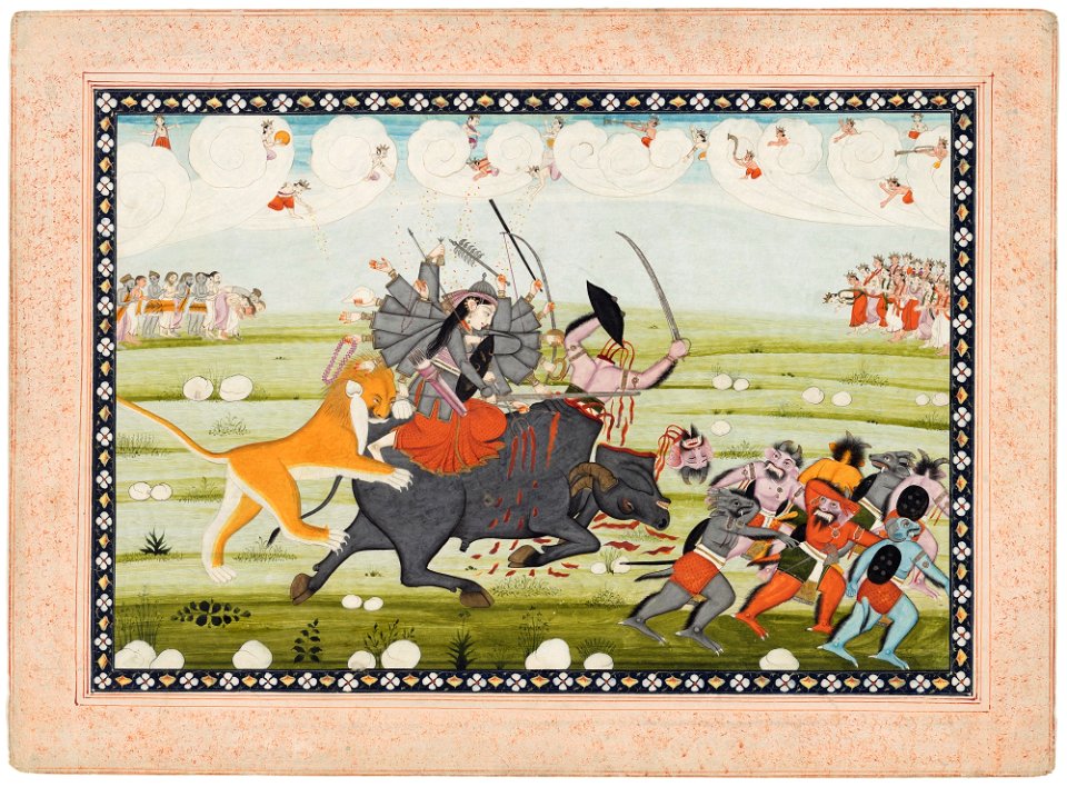 Unknown (Indian) - Durga, Having Decapitated Bull and Mahishasura Within, Drives off Remaining Demons while Gods in Clouds Applaud - 69.429 - Detroit Institute of Arts