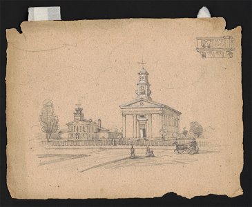 Unidentified church next to a Greek revival home on a city street with fence and pedestrians; detail of the church spire railing on upper right LCCN2016648698