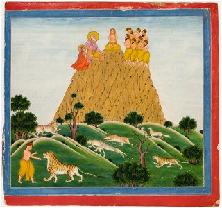 Unknown (Indian) - Illustrations to Life of Dhurva Maharaj, ^23 Dhurva sits on the golden mountain in concentration and meets his parents and the 7 Rishis - 71.359 - Detroit Institute of Arts