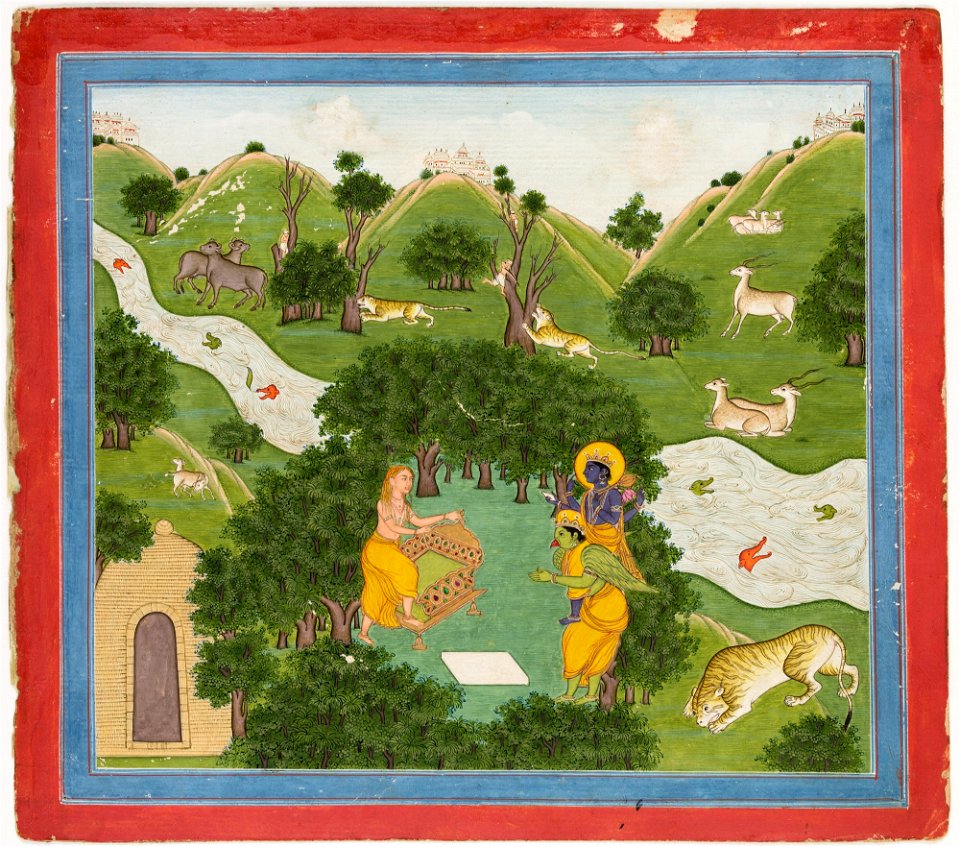 Unknown (Indian) - Illustrations to Life of Dhurva Maharaj, ^20 God gives Dhurva his throne upon which he can fly anywhere - 71.356 - Detroit Institute of Arts