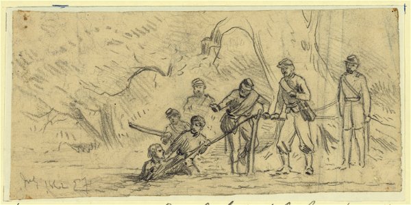 Union soldiers crossing the north fork of the Rappahannock on a roap (sic) bridge LCCN2004661603