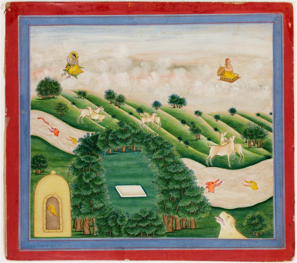 Unknown (Indian) - Illustrations to Life of Dhurva Maharaj, ^21 Dhurva is shown flying on his throne, and on another, the greatest power in the world, Vishnu - 71.357 - Detroit Institute of Arts