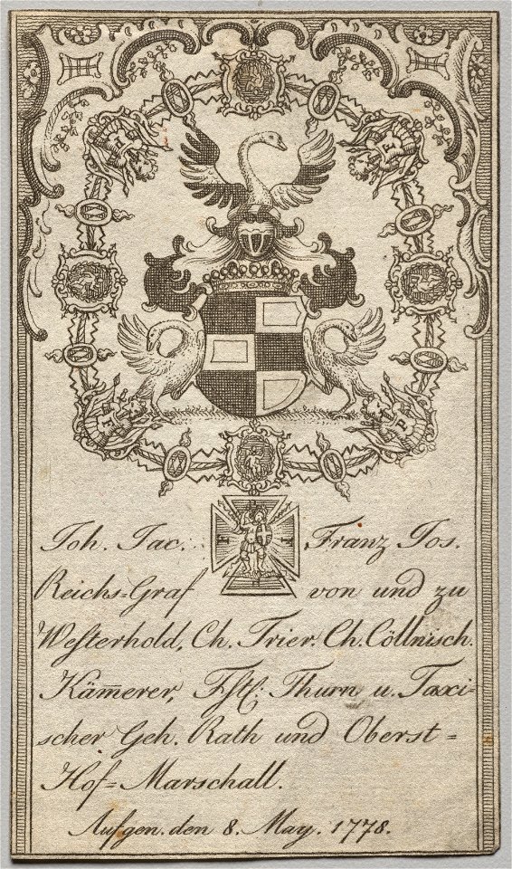 Unknown artist - Bookplate, Johan. Jac. Franz-Joseph, Reichs-Graf von Westerhold - 1920.1436 - Cleveland Museum of Art