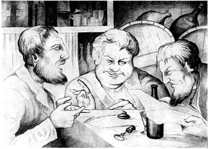 Unknown - three men sitting at a table with an open bottle reading a piece of paper