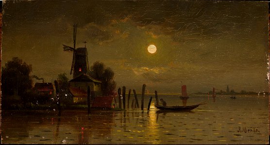 Unknown - Moonlit night at the lake - 33309 MNW - National Museum in Warsaw. Free illustration for personal and commercial use.