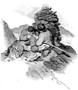 Unknown - two boys on a mountaintop sitting behind a cairn