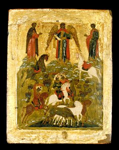 Unknown Russan (Novgorod) - Icon, The Archangel Michael Blessing the Martyred Saints Florus and Laurus of Dalmatia - 75.62 - Minneapolis Institute of Arts