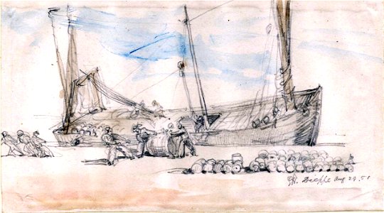 Unloading barrels from a ship at Dieppe by George Hayter 1851. Free illustration for personal and commercial use.